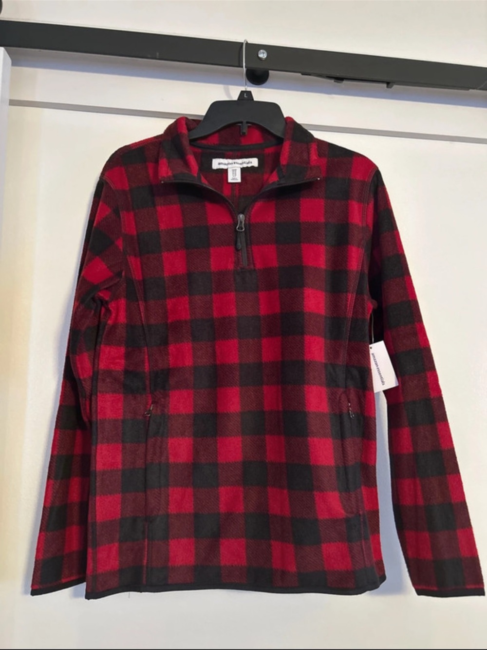 Amazon Essentials Men's Red and Black Buffalo Plaid Quarter-Zip Pullover